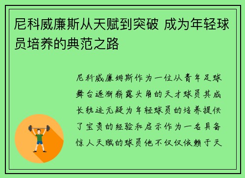 尼科威廉斯从天赋到突破 成为年轻球员培养的典范之路