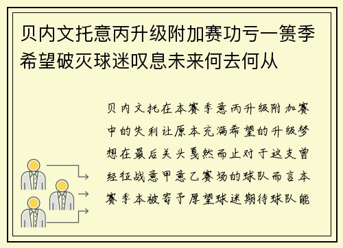 贝内文托意丙升级附加赛功亏一篑季希望破灭球迷叹息未来何去何从